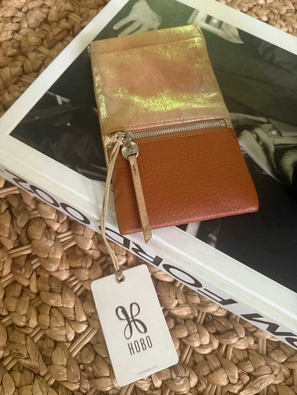HOBO Iridescent Gold + Tan Leather Zip sunglasses or phone Pouch